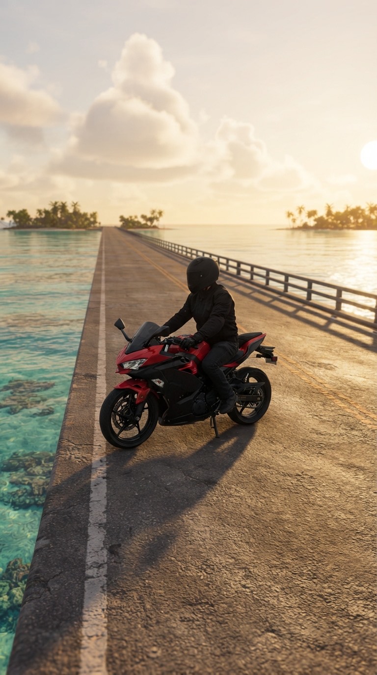 The same rider and bike on an ocean causeway at golden hour, rendered as a game scene