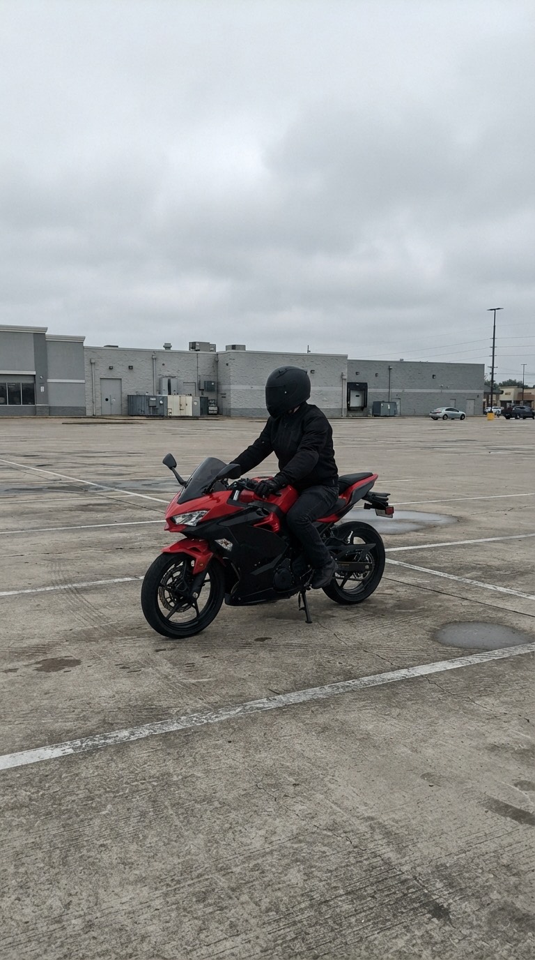 Phone shot of a rider on a red sport bike in an empty parking lot