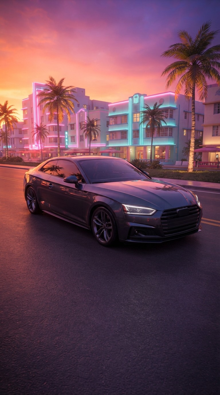 The same grey coupe on a neon beachfront boulevard at sunset, rendered as a game scene