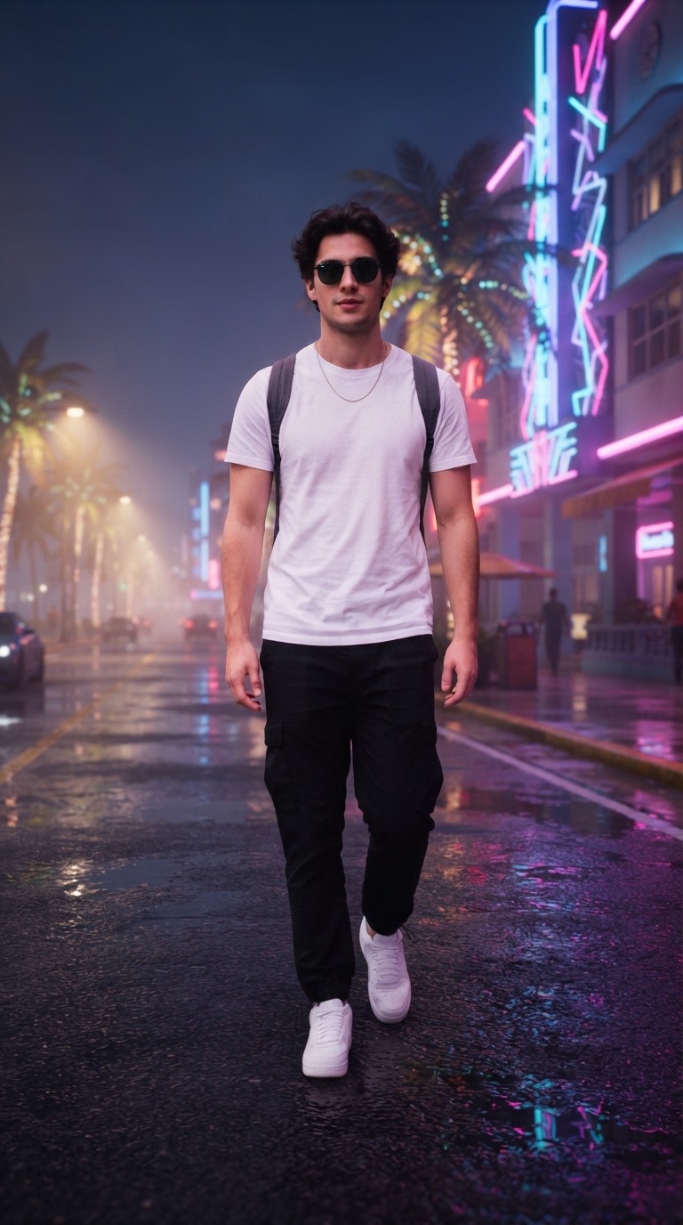 The same man walking down a wet neon avenue at night, rendered as a game scene