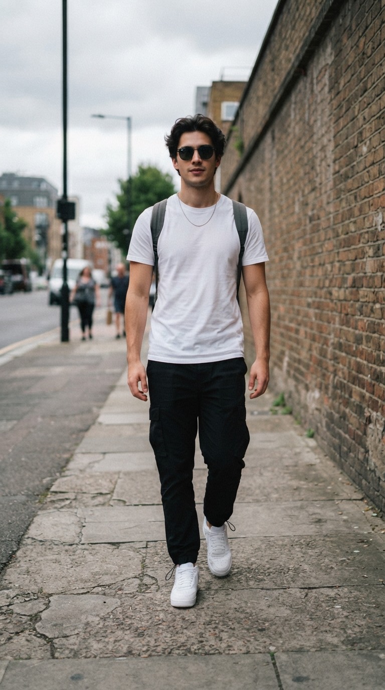 Phone shot of a young man walking down a grey city sidewalk