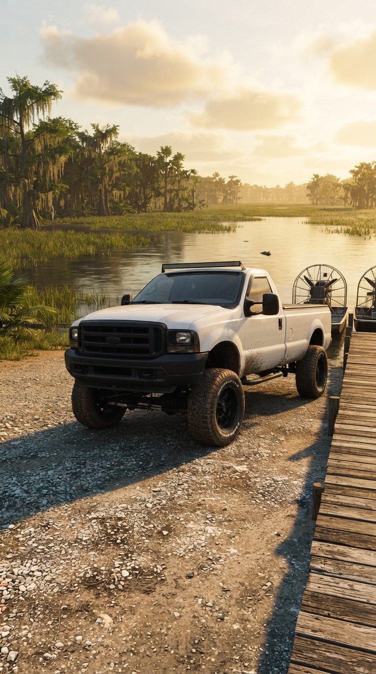 The same pickup at an airboat dock in the swamp, rendered as a game scene