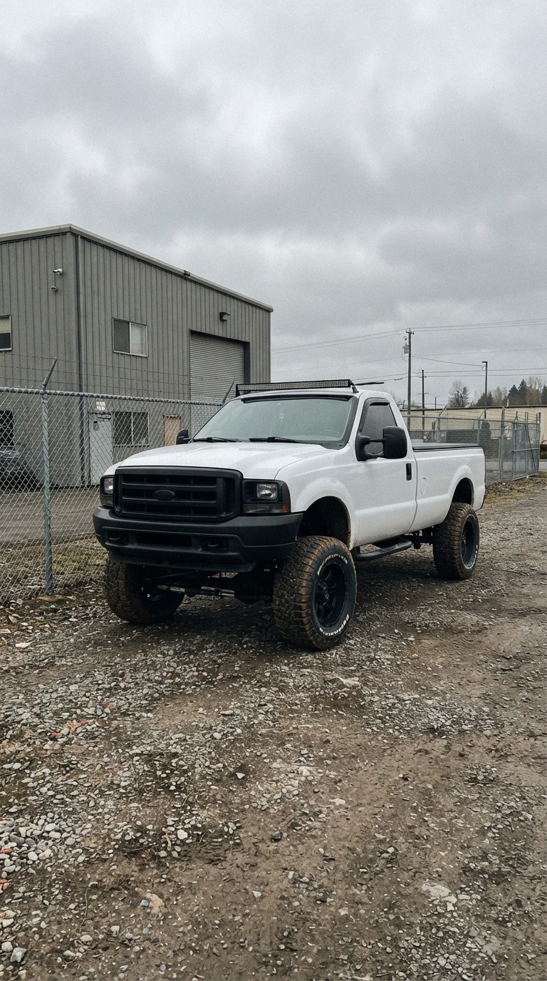 Phone shot of a lifted white pickup truck on a gravel lot